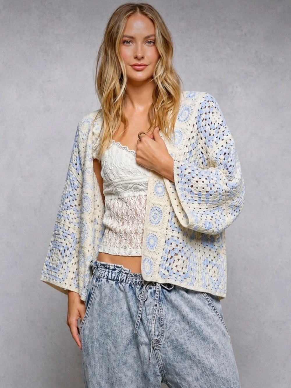 POL Blue Crochet Cardigan Boho Granny Square Kimono Oversized OS Cottagecore